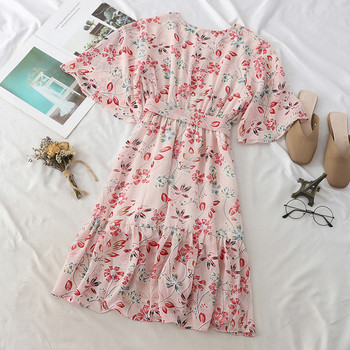 Rochie de vara de dama cu motive florale si curea in doua culori