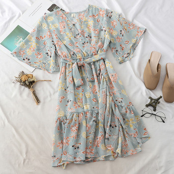 Rochie de vara de dama cu motive florale si curea in doua culori