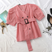 Cămașă de damă în carouri cu mâneci scurte și curea în mai multe culori