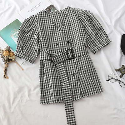 Cămașă de damă în carouri cu mâneci scurte și curea în mai multe culori