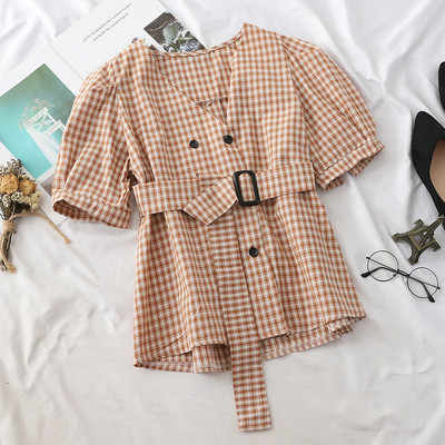 Cămașă de damă în carouri cu mâneci scurte și curea în mai multe culori