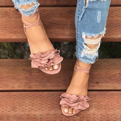Дамски равни сандали с връзки на глезените в няколко цвята