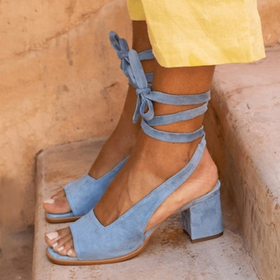 Дамски сандали с връзки на глезена от еко велур в няколко цвята