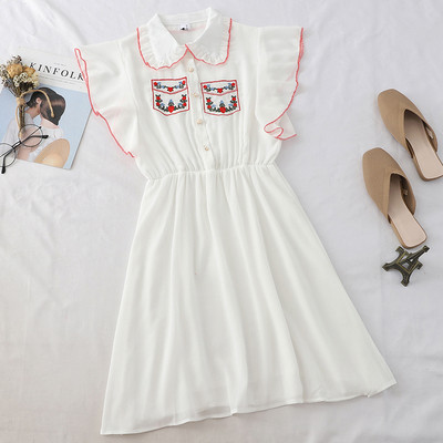 Rochie moderna de dama cu broderie si guler in alb-negru