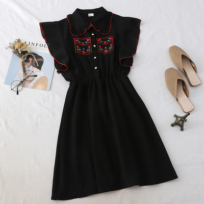 Rochie moderna de dama cu broderie si guler in alb-negru