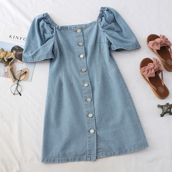 Rochie casual de dama din denim cu nasturi si maneci scurte