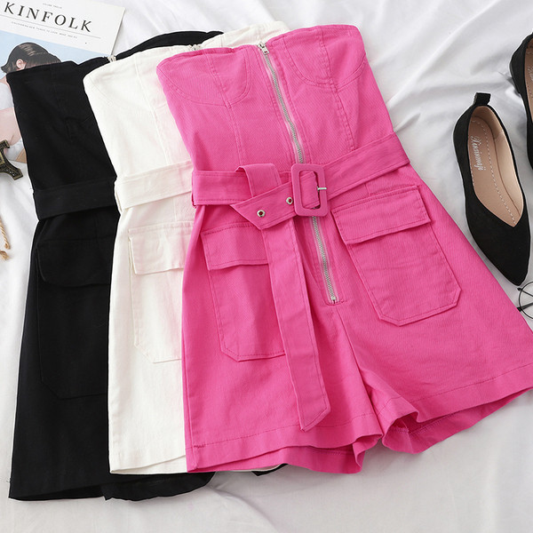 Μοντέρνα Γυναικεία ολόσωμη φόρμα  με κοντό μανίκι με φερμουάρ και ζώνη σε διάφορα χρώματα