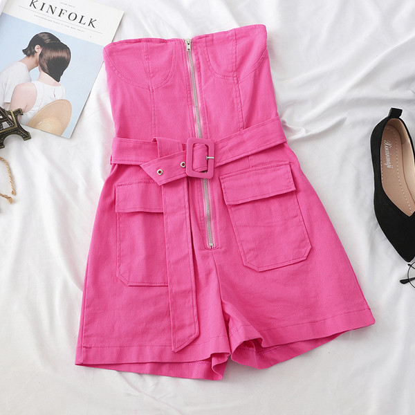 Μοντέρνα Γυναικεία ολόσωμη φόρμα  με κοντό μανίκι με φερμουάρ και ζώνη σε διάφορα χρώματα