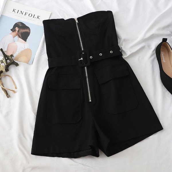 Μοντέρνα Γυναικεία ολόσωμη φόρμα  με κοντό μανίκι με φερμουάρ και ζώνη σε διάφορα χρώματα