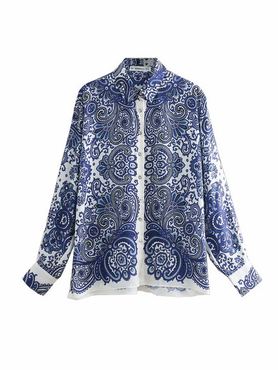 Дамска ежедневна риза с класическа яка и дълъг ръкав в син цвят с шарка