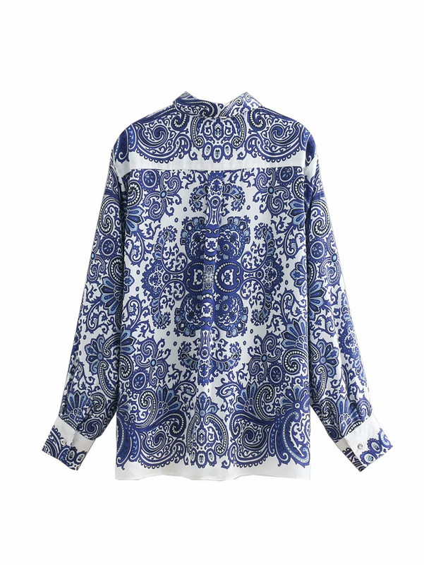 Дамска ежедневна риза с класическа яка и дълъг ръкав в син цвят с шарка