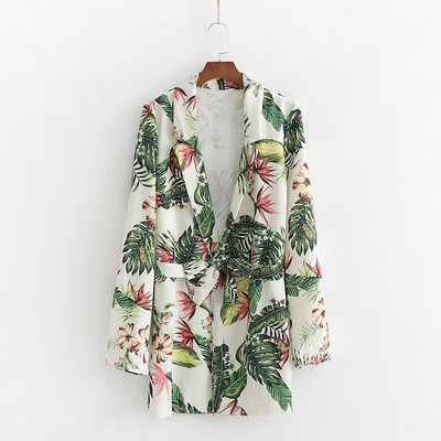 Дамско сако с дълъг ръкав и колан на талията в два цвята с флорален десен