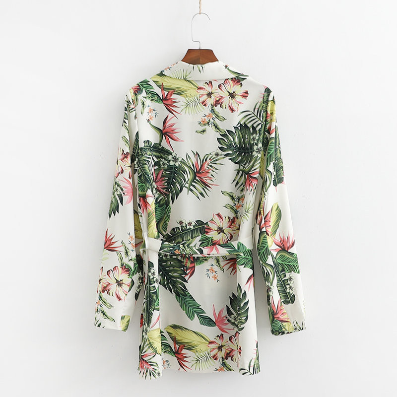 Дамско сако с дълъг ръкав и колан на талията в два цвята с флорален десен