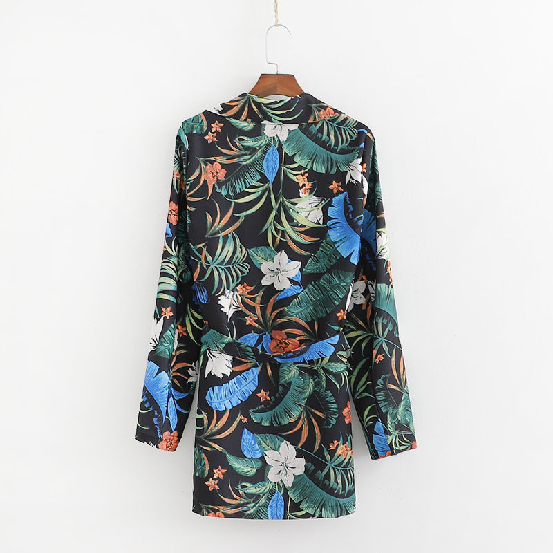 Дамско сако с дълъг ръкав и колан на талията в два цвята с флорален десен