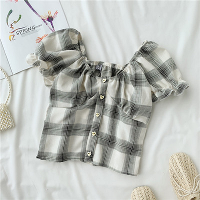 Дамска карирана риза с копчета и О-образно деколте в няколко цвята