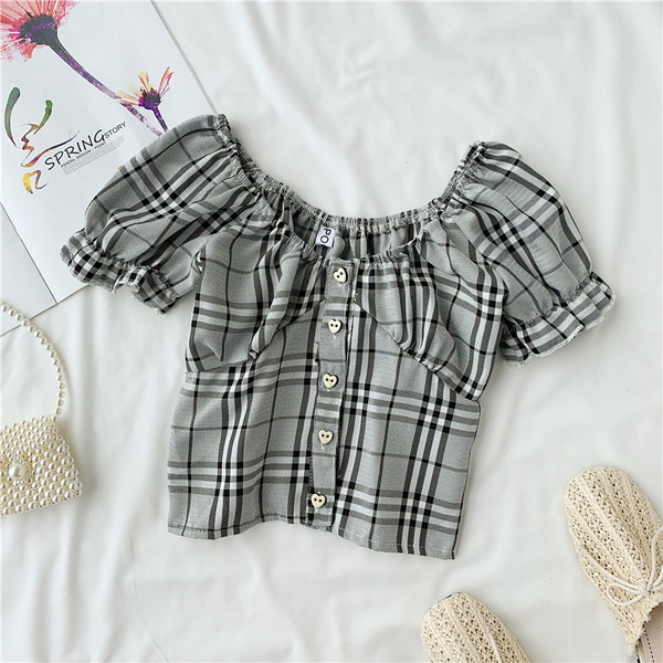 Дамска карирана  риза с копчета и О-образно деколте в няколко цвята 