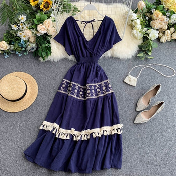 Дамска дълга рокля  с V-образно деколте в няколко цвята