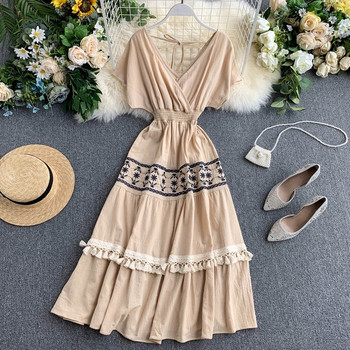 Дамска дълга рокля  с V-образно деколте в няколко цвята