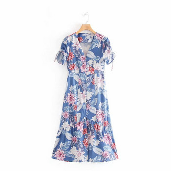 Rochie casual de dama cu maneci scurte si decolteu in V cu model floral