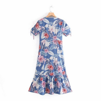 Rochie casual de dama cu maneci scurte si decolteu in V cu model floral