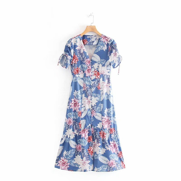 Rochie casual de dama cu maneci scurte si decolteu in V cu model floral