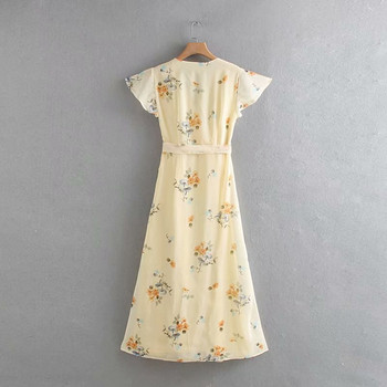 Rochie de dama de culoare galbena cu model floral cu maneci scurte