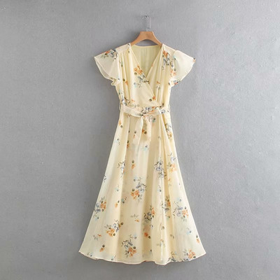 Rochie de dama de culoare galbena cu model floral cu maneci scurte