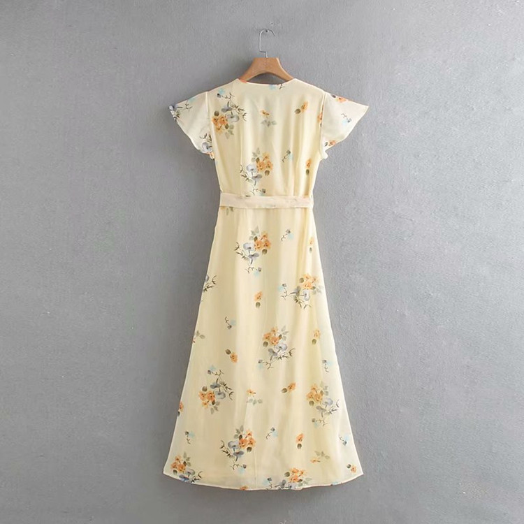 Rochie de dama de culoare galbena cu model floral cu maneci scurte