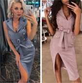 Модерна дамска рокля с цепка и дълбоко деколте с копчета