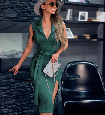 Модерна дамска рокля с цепка и дълбоко деколте с копчета