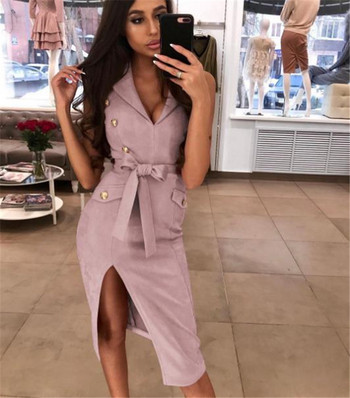 Модерна дамска рокля с цепка и дълбоко деколте с копчета