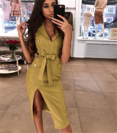 Модерна дамска рокля с цепка и дълбоко деколте с копчета