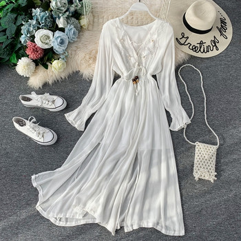 Дамска дълга рокля с V-образно деколте с дълъг ръкав в три цвята