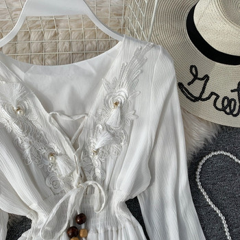 Дамска дълга рокля с V-образно деколте с дълъг ръкав в три цвята