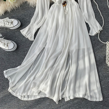 Дамска дълга рокля с V-образно деколте с дълъг ръкав в три цвята