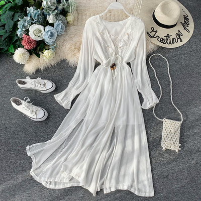 Дамска дълга рокля с V-образно деколте с дълъг ръкав в три цвята