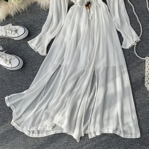 Дамска дълга рокля с V-образно деколте с дълъг ръкав в три цвята