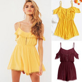 Γυναικεία ολόσωμη φόρμα κοντή   σε κίτρινο και μπορντό χρώμα