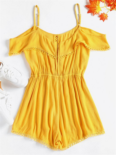 Γυναικεία ολόσωμη φόρμα κοντή   σε κίτρινο και μπορντό χρώμα