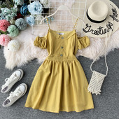 Модерна дамска рокля разкроен модел с елемент-перли в три цвята