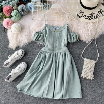 Модерна дамска рокля разкроен модел с елемент-перли в три цвята