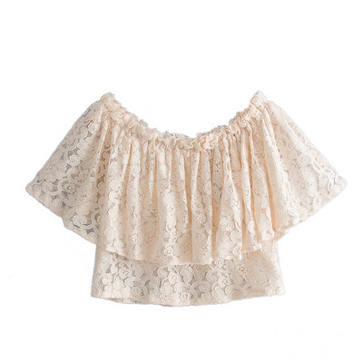 Дамска дантелена блуза с голи рамене в бял цвят