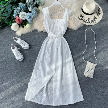 Стилна дамска дълга рокля с копчета и колан на талията в няколко цвята 