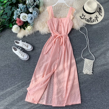 Стилна дамска дълга рокля с копчета и колан на талията в няколко цвята 