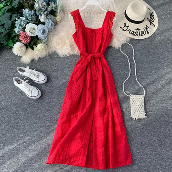 Стилна дамска дълга рокля с копчета и колан на талията в няколко цвята 