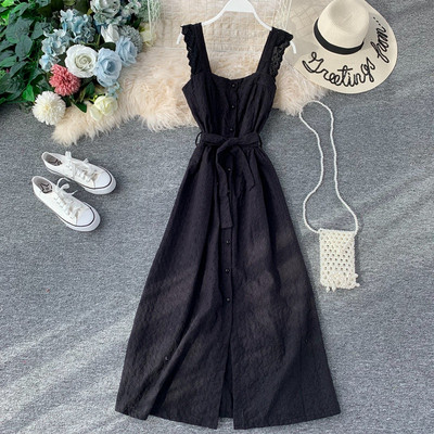 Стилна дамска дълга рокля с копчета и колан на талията в няколко цвята 