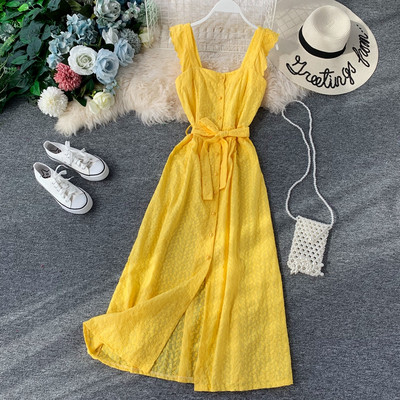 Стилна дамска дълга рокля с копчета и колан на талията в няколко цвята 