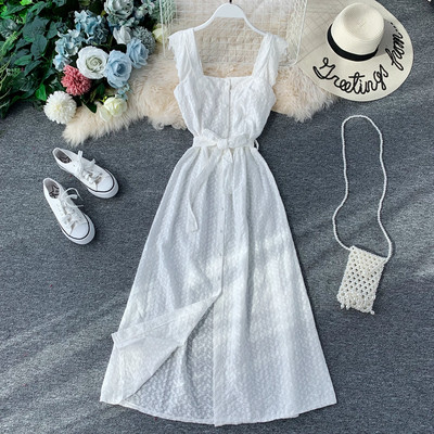 Стилна дамска дълга рокля с копчета и колан на талията в няколко цвята 