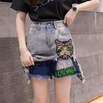 Fusta de dama moderna din denim cu talie inalta si paiete