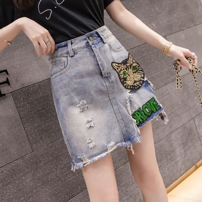 Fusta de dama moderna din denim cu talie inalta si paiete